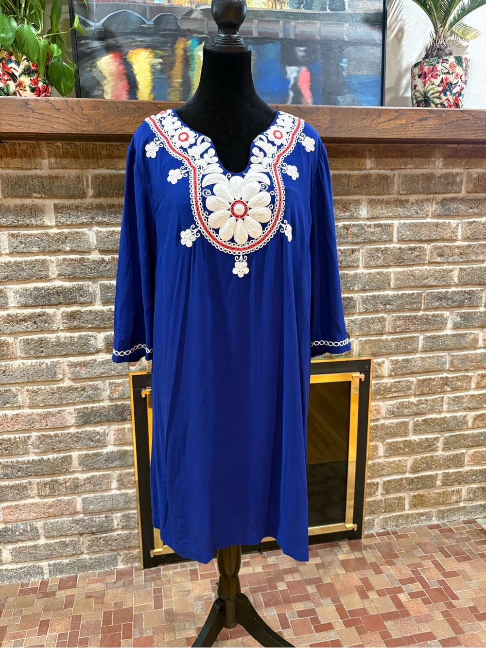 Boden Cobalt Blue Midi Dress with White & Coral Embroidery
